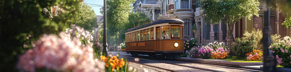 Naklejka premium Vintage streetcar traveling through charming residential neighborhood with blooming flowers and greenery. Nostalgic and picturesque setting. Warm and inviting daytime atmosphere.