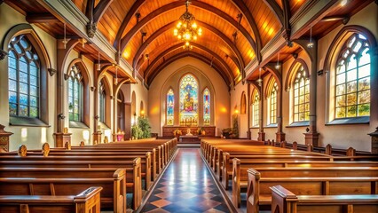 Serene and peaceful, a beautiful empty church interior with wooden pews, stained glass windows, and a grand altar, surrounded by warm natural light.
