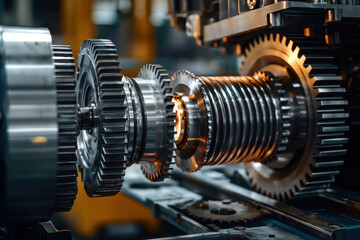 Fototapeta premium Close-up of interlocking gears in a mechanical system showcasing precision engineering and intricate design in industrial machinery.
