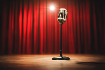 Dramatic microphone on stage illuminated by a spotlight, surrounded by rich red curtains, perfect for music and performance themes.