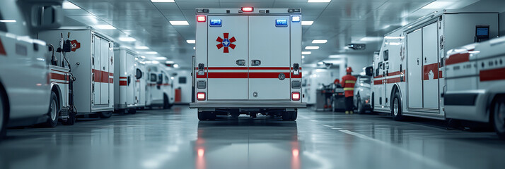 Fleet of ambulances parked in modern garage, clean environment, emergency vehicles, ready for action, well-lit space, calm before the storm.
