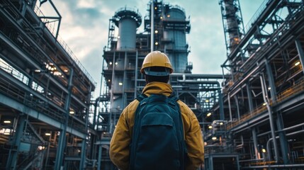 Industrial Worker Overlooking Petrochemical Plant