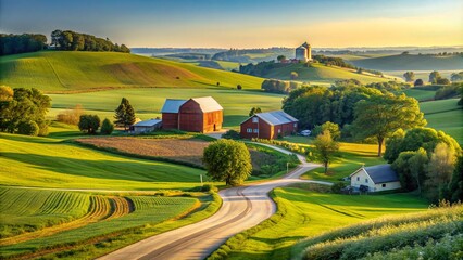 Obraz premium Serene Iowa countryside landscape featuring rolling hills, verdant green fields, and rustic farmhouses bordered by meandering rural roads under a clear blue sky.