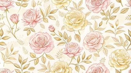 Delicate, vintage-inspired rose pattern in soft pink and gold hues on a creamy white background, perfect for elegant gift wrapping and packaging designs.