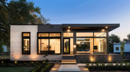 Obraz premium Modern house exterior with sleek design, large windows, and warm lighting during twilight, showcasing contemporary architecture.