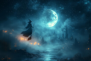 Obraz premium A witch flying on a broomstick across a starry sky, with a crescent moon in the background. Concept of Halloween folklore and mythical characters.