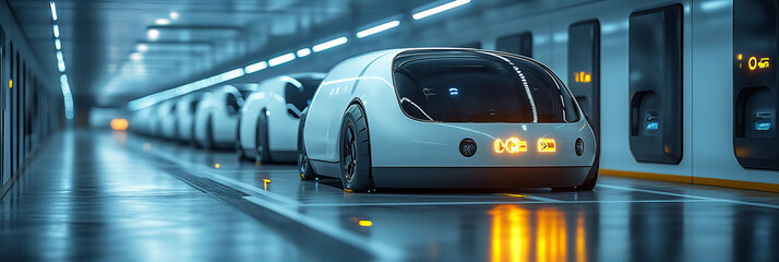 Naklejka premium Futuristic Autonomous Cars Aligned in Sleek Modern Garage With Blue Hue Lighting, Reflective Floor, And High-Tech Ambiance, Exuding Innovation and Efficiency