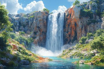 A waterfall cascading down a steep cliff into a river below, showcasing nature's power. Concept of Earth's water cycles and geographical features.