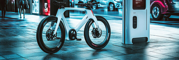 Futuristic Electric Bike in Urban Setting, High-Tech Design, Bright City Lights, Advanced Bicycle Technology, Sleek and Modern, Environmentally Friendly Transport, Nighttime Atmosphere