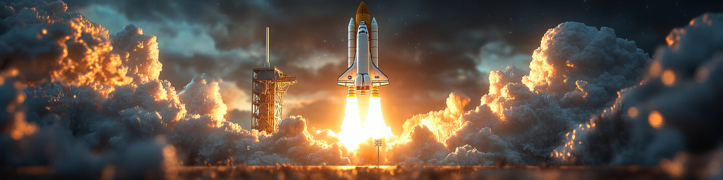 Dramatic rocket launch at sunset with billowing smoke clouds, vibrant orange and blue colors, technological advancement, awe-inspiring feel in a stunning panoramic view