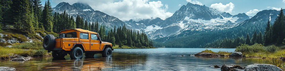 An orange off-road vehicle parked at a serene alpine lake with towering mountains in the background, capturing adventure and tranquility