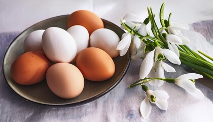 composition of eggs in a plate snowdrops on the background of a tablecloth