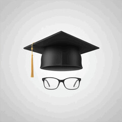 A black graduation cap and a pair of eyeglasses on a plain background