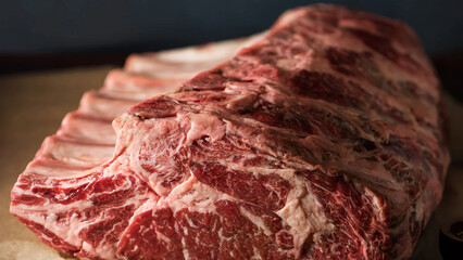 Closeup of bone-in beef ribeye roast.