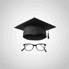 A black graduation cap and a pair of eyeglasses on a plain background