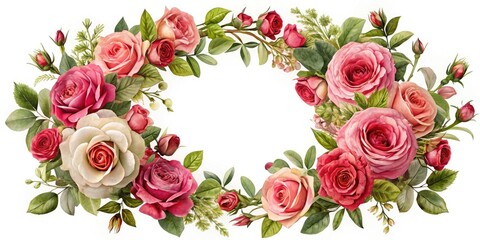 Naklejka premium Elegant rose wreath design featuring lush pink and red blooms intertwined with delicate greenery, perfect for romantic occasions, wedding invitations, and spring-inspired projects.