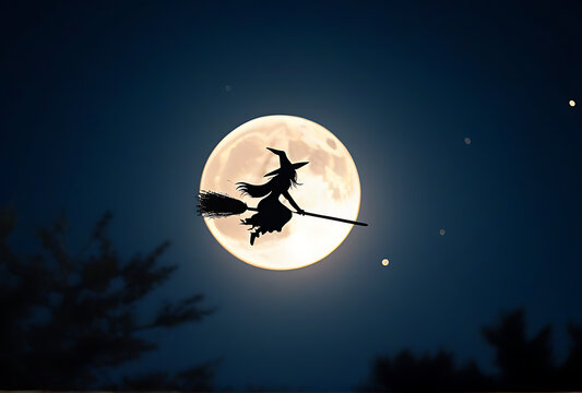 witch broomstick flying across full moon