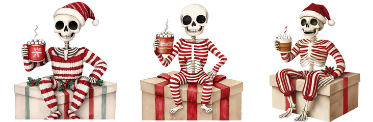 Fototapeta premium whimsical watercolor illustrations of skeletons dressed in red and white Christmas pajamas, wearing Santa hats, and holding holiday mugs, sitting on gift boxes transparent isolated PNG