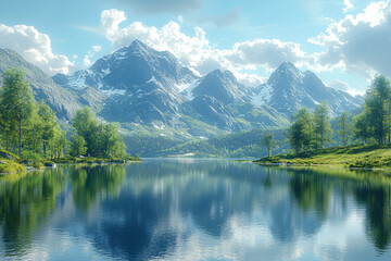 Fototapeta premium A serene lake reflecting surrounding mountains and forests, embodying tranquility. Concept of Earth's natural beauty and reflection.