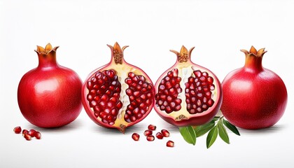 a botanical illustration featuring four pomegranates one cut open to reveal its seeds