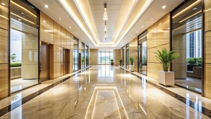 Obraz premium Sleek, minimalist passageway features polished marble floors, cream-colored walls, and floor-to-ceiling windows, evoking a sense of luxury and sophistication in a corporate setting.