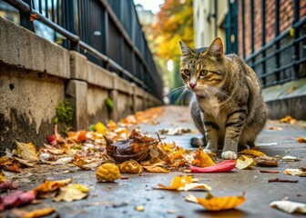 Feral cat's messy deposit on a sidewalk, surrounded by fallen autumn leaves, showcases nature's untidy side in a rustic, urban environment.