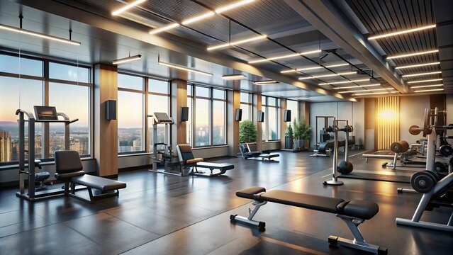 Sleek, modern gym interior with state-of-the-art equipment, weights, and mirrors, illuminated by natural light, evoking a sense of energy and motivation for a healthy lifestyle.