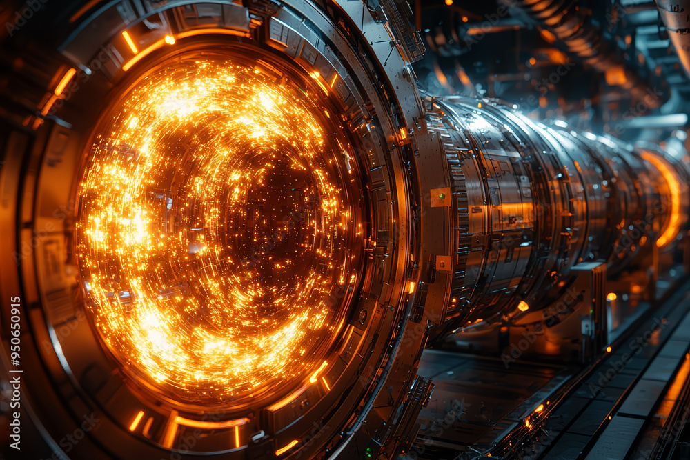 Poster a physicist experimenting with a particle accelerator, searching for new particles. concept of high-