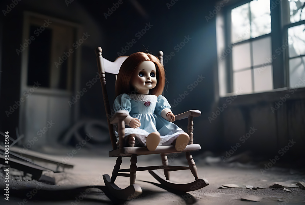 Wall mural creepy doll sitting rocking chair dusty abandoned room