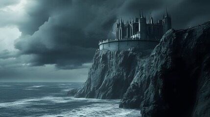 Fototapeta premium Dark castle stormy ocean perched on a cliff gothic moody dramatic high contrast deep shadows intricately detailed 3D architecture