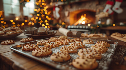 A cozy kitchen with Christmas cookie baking. cookie molds