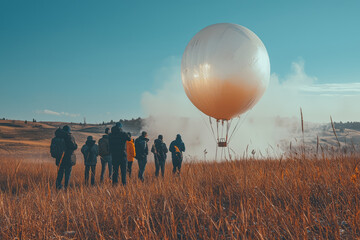 A group of students launching a weather balloon to study the atmosphere. Concept of atmospheric research and education.