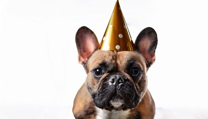 Festive French Bulldog wearing a Birthday party hat