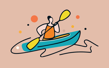 Continuous one line body positive people kayaking in positive mood. vector images, typography
