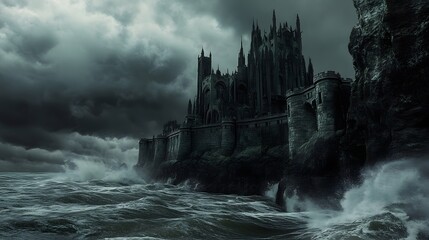 Naklejka premium Stormy ocean gothic castle deep shadows perched on a cliff high contrast moody dramatic intricately detailed 3D architecture