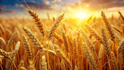 Fototapeta premium Golden wheat grains stand upright amidst a serene, sun-kissed landscape, with soft focus and shallow depth of field accentuating their intricate textures and natural beauty.