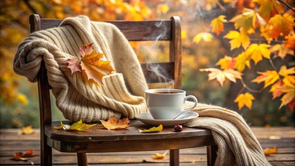 Soft, pastel-hued sweater draped over a worn wooden chair, surrounded by autumnal leaves and steaming cup of coffee, evoking warmth and comfort on a chilly morning.