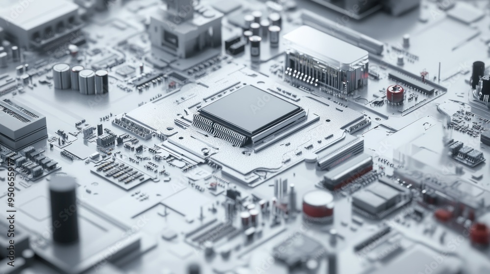 Poster closeup of a silver microchip on a circuit board