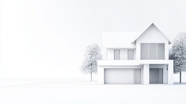 3D house render, blueprint aesthetic, white background, sharp perspective, detailed architectural elements, clean and precise design, ideal for commercial use