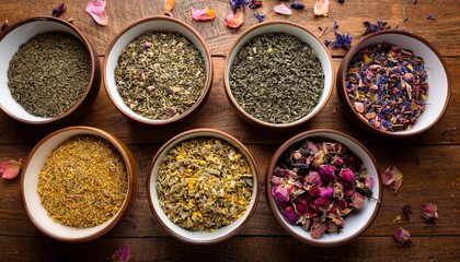 herbal tea background tea cups with various dried tea leaves and flowers shot from above on rustic wooden table assortment of dry tea in ceramic bowls