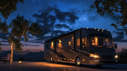 Class A RV Camping at Resort in Evening Sky with Interior Lights On