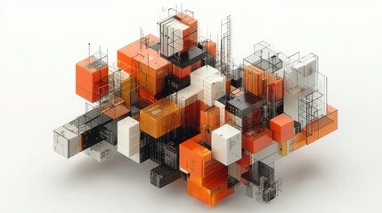 Fototapeta premium Abstract Geometric Structure of Interlocking Cubes with Black Lines and Orange, Black, and White Colors