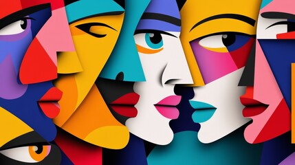 A vibrant pattern of abstract cubist faces, featuring sharp geometric shapes and bold, contrasting colors in a dynamic composition