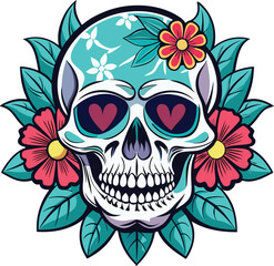 Skull with flowers, with roses. Human skull portrait with floral wreath. Vector illustration isolated on white background.