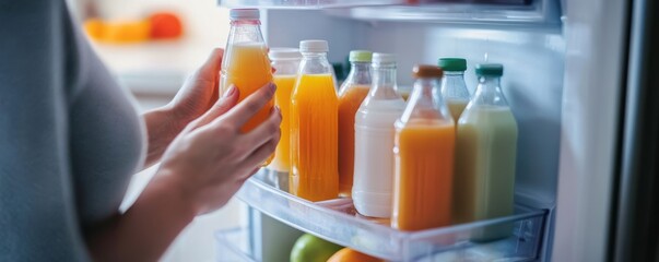 Woman organizing juice bottles in refrigerator, showcasing freshness and healthy lifestyle choices with vibrant colors and variety in the kitchen