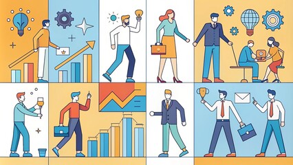 Stylized vector illustrations of various business concepts, including teamwork, leadership, and strategy, featuring simple shapes and bold lines in a modern color palette.