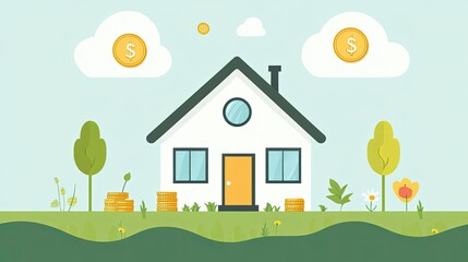 Fototapeta premium A visual of a modest home with symbols of passive income and savings, illustrating how a frugal lifestyle can lead to achieving financial freedom.