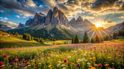 Sun-drenched meadows of vibrant wildflowers stretch towards the majestic, rugged peaks of the Dolomites, basking in warm summer light and clarity.