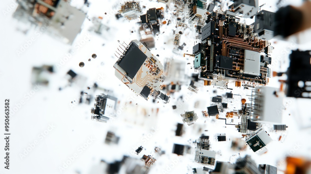 Poster electronic components floating in white space