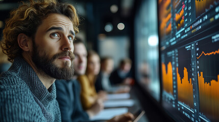 An office meeting with a detailed financial analysis presented on a large screen, and team members taking notes.